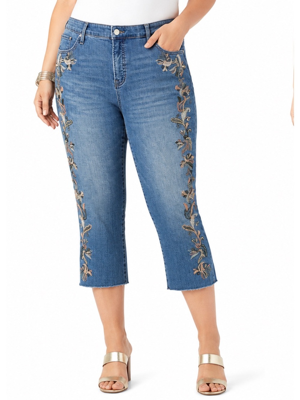 Chico’s 14 So Slimming Girlfriend Slim Leg Crop Jeans Embroidered Floral Retro